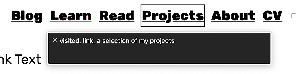 A screenshot of the VoiceOver for Chrome screen reader announcing the aria-label of the 'projects' link